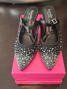Rynelle Black Crystal-Studded Pointed Slingback Heels-Size 7